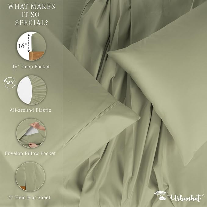 URBANHUT 800 Thread Count 100% Cotton King Size Sheets, Luxury 4 Piece King Bedsheets, Hotel Sheets Sateen Finish - Better Than Egyptian, 16" Elasticized Deep Pocket - Sage