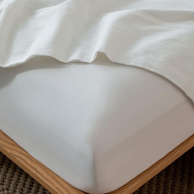 MooMee Fitted Bottom Sheet Only 100% Washed Cotton Linen Like Textured Breathable Durable Soft Comfy Deep Pocket Fits Mattress up to 17" (Off White, California King)