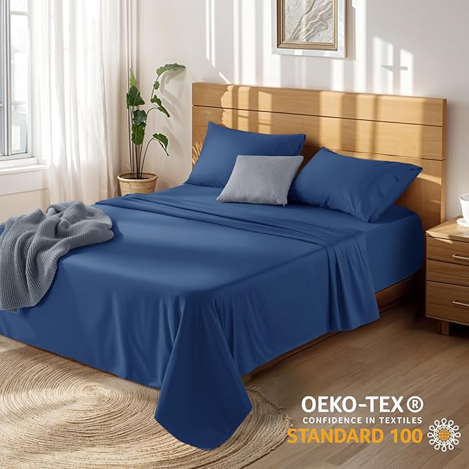 LBRO2M 100% Cotton Sheets Set Deep Pocket 19", 1000 Thread Count King Size 4 Piece Bed Sheet Sets Soft Comfortable Bedding All Season (King, Navy Blue)