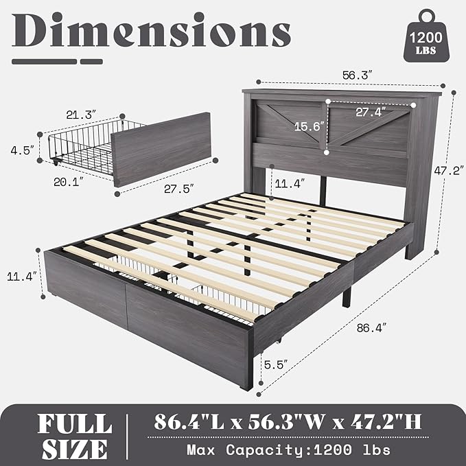 AMERLIFE 47.2" H Full Bed Frame with Hidden Space Bookcase Headboard and Charging Station, Beds with 2 Storage Drawers and Wood Slats, No Box Spring Needed, Grey