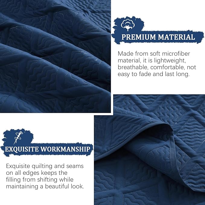 Yiran Navy Blue Quilt Set King Size Fall Bedspreads Embossed Diamond Pattern 3 Piece Soft Microfiber Coverlet Set for All Season with 2 Pillow Shams (106x96 Inch)