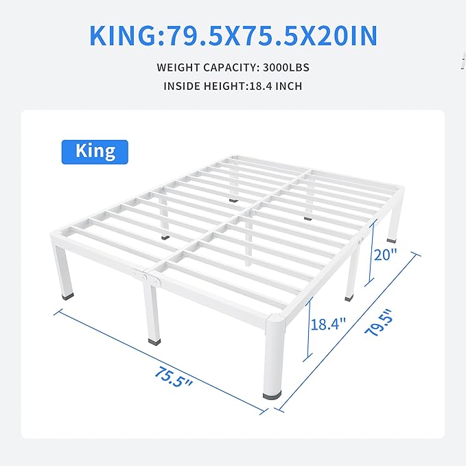 MAF 20 Inch King Size Bed Frame White with Round Corner Legs Mattress Slide Stopper No Box Spring Needed Heavy Duty Metal Platform Bed Frames Under-Bed Storage Space, 3000 LBS Steel Slats Support