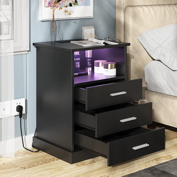 Halitaa Black LED Nightstand with Charging Station, Side Table with 3 Drawers and Light, End Table with Open Storage, Beside Cabinet for Bedroom (Black)