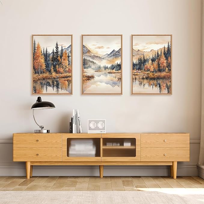 LHIUEM Large Neutral Mountain Framed Canvas Wall Art,Nature Foggy Forest Wall Decor,Watercolor Autumn Landscape Wall Painting,Woodland Artwork for Living Room,Bedroom,Dining Room,Office -16"x24"x3