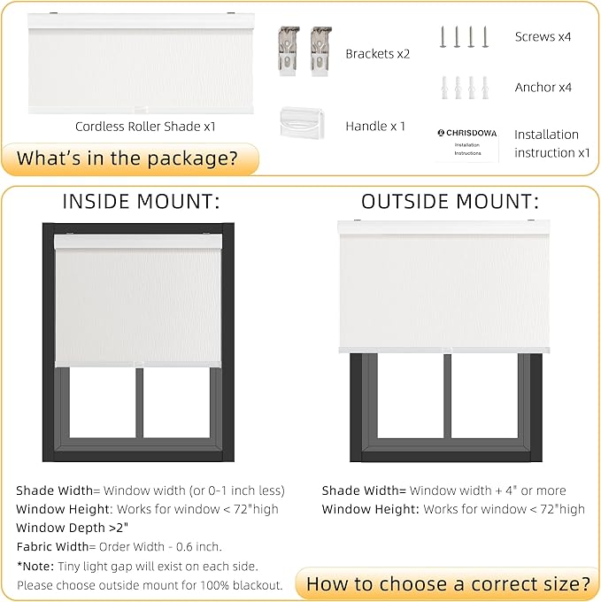 ChrisDowa Cordless Blackout Roller Shades for Windows, Striped Free-Stop Window Blinds with Privacy, Thermal Insulated Window Shades for Home, Office and Door. White, 30" W x 72" H