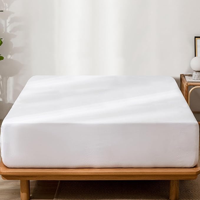 MooMee Fitted Bottom Sheet Only 100% Washed Cotton Linen Like Textured Breathable Durable Soft Comfy Deep Pocket Fits Mattress up to 17" (Bright White, California King)