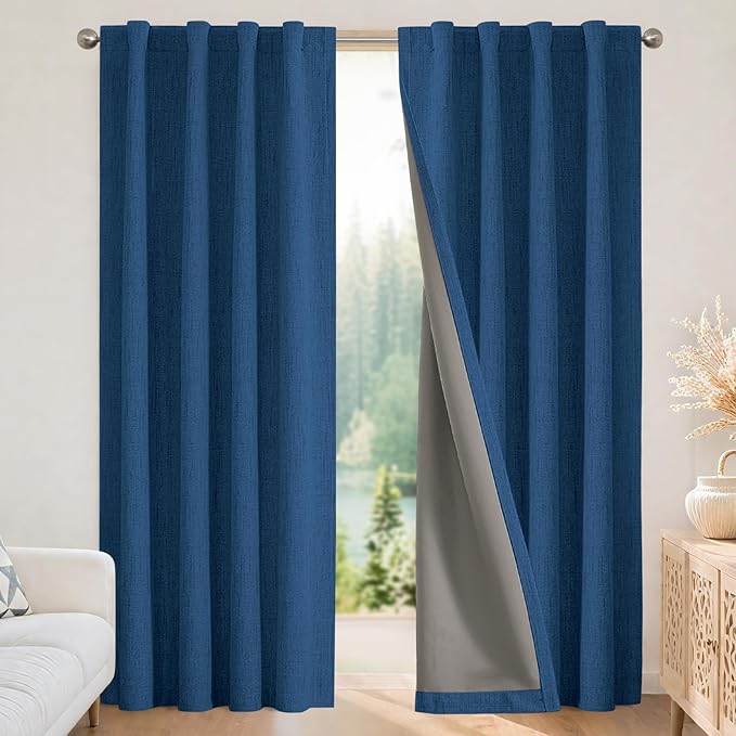 Joydeco Linen Blackout Curtains for Bedroom - 100% Light Blocking 1 Panels, Navy Blue Drapes 100" W x 120" L, Thermal Insulated Room Darkening Curtains for Living Room, Rod Pocket & Back Tabs