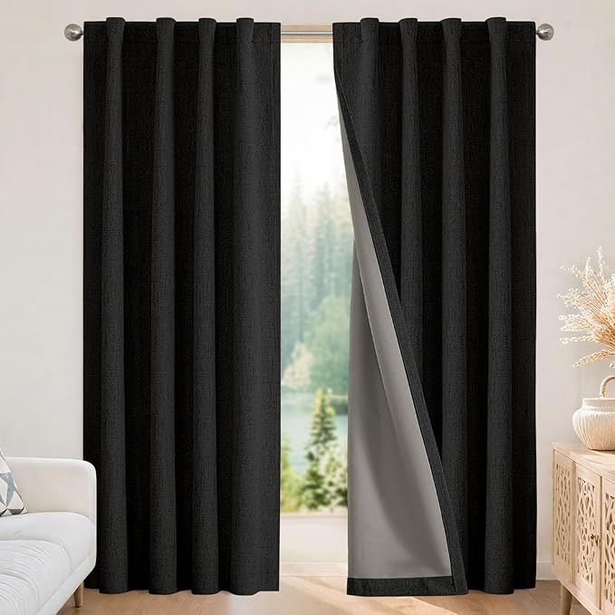Joydeco Linen Blackout Curtains for Bedroom - 100% Light Blocking 1 Panels, Black Drapes 100" W x 120" L, Thermal Insulated Room Darkening Curtains for Living Room, Rod Pocket & Back Tabs