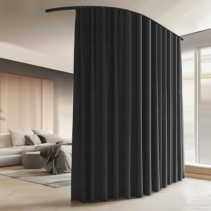 Room Divider Curtains with Ceiling Curtain Track Set Window Curtain for Bedroom,Living Room Total Blackout Thermal Insulated Privacy Ceiling Track Curtain W 6 × H 9 FT Black drape&Black track