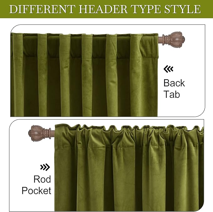 RYB Home Moss Green Velvet Curtains - Smooth Plush Privacy Blackout Energy Efficient Window Treatment Vivid Luxury Decoration for Bedroom Bathroom, W42 x L84 inches, 2 Pieces