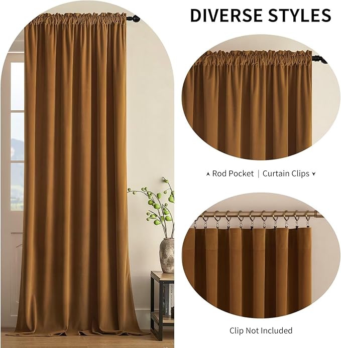Joydeco Camel Brown Velvet Curtains 96 inch Length 2 Panels, Luxury Blackout Rod Pocket Thermal Insulated Window Curtains, Super Soft Room Darkening Drapes for Living Room Bedroom,W52 x L96 inches