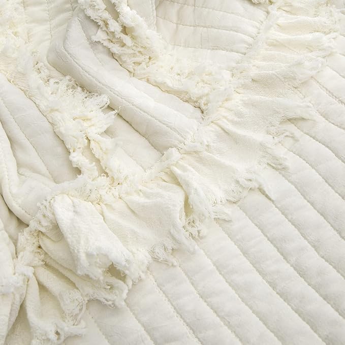 Ultra Soft Pre-Washed Quilted Boho Cream Queen Size Blankets for Bed, Ruffle Fringed Decorative Throw, Stone Washed Chic Rustic Blanket for Sofa Couch Bed, 90"*90"