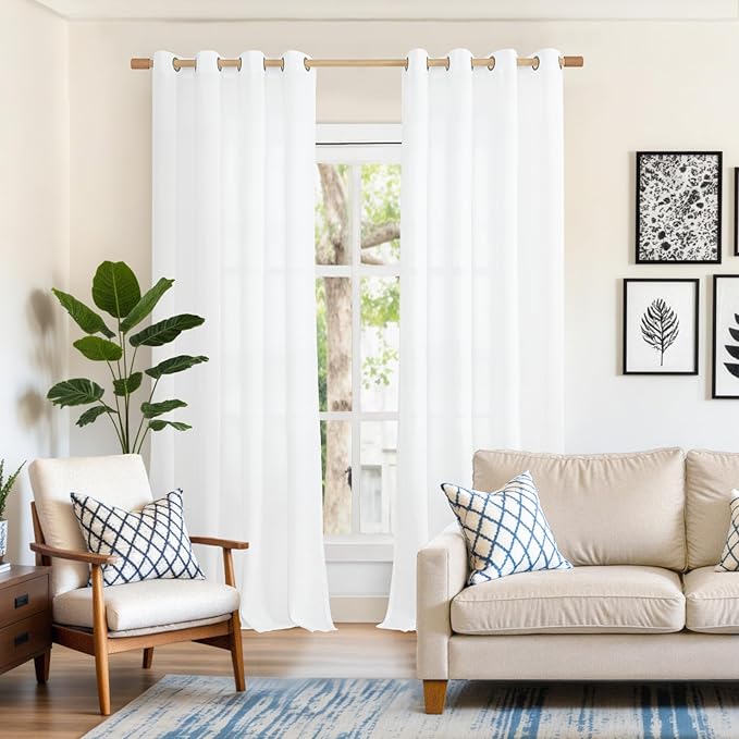YoungsTex White Linen Curtains 102 Inches Long for Living Room Light Filtering Floor Length Drapes with Bronze Grommet for Bedroom Dining Room Country, 52 x 102 Inch, 2 Panels