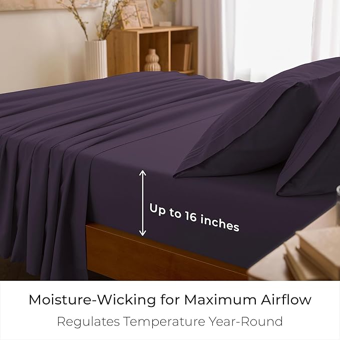 Mellanni King Sheet Set - 6-Piece Iconic Collection Bedding, (Including 4 Pillowcases), 16-Inch Deep Pocket, Easy Care, Extra Soft, Cooling Sheets, Brushed Microfiber - Purple