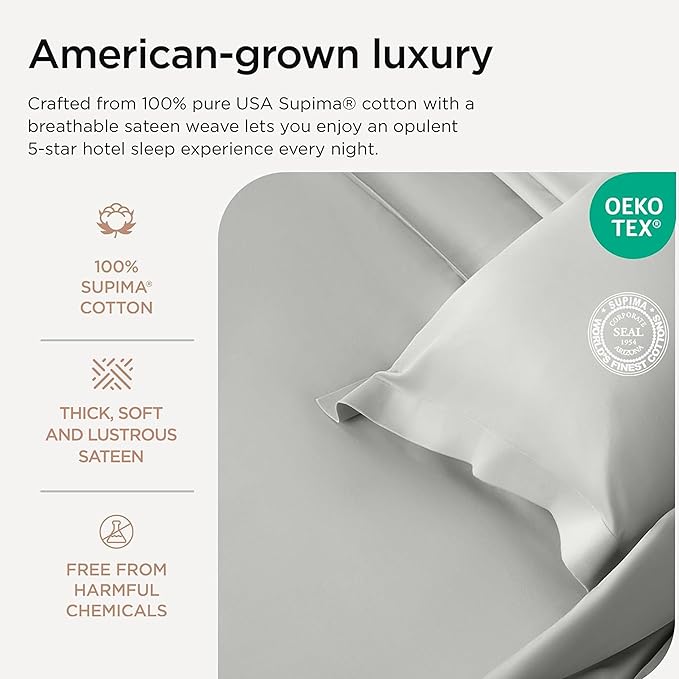 Threadmill Supima Cotton Sheets, 1200 Thread Count Soft 100% Cotton Sheets for Cal King Size Bed, 4 Pc Light Grey Cal King Bed Sheet Set, 5-Star Hotel Quality with Elasticized Deep Pocket King Sheet