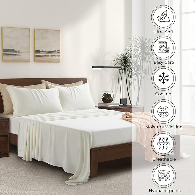 Luxury Bamboo Market | Queen Size Bed Sheet Set | 100% Viscose Made from Bamboo | Organically Grown | Ultra Soft | Cooling Sheets for Hot Sleepers | 17" Deep Pocket [Opulent Ivory]