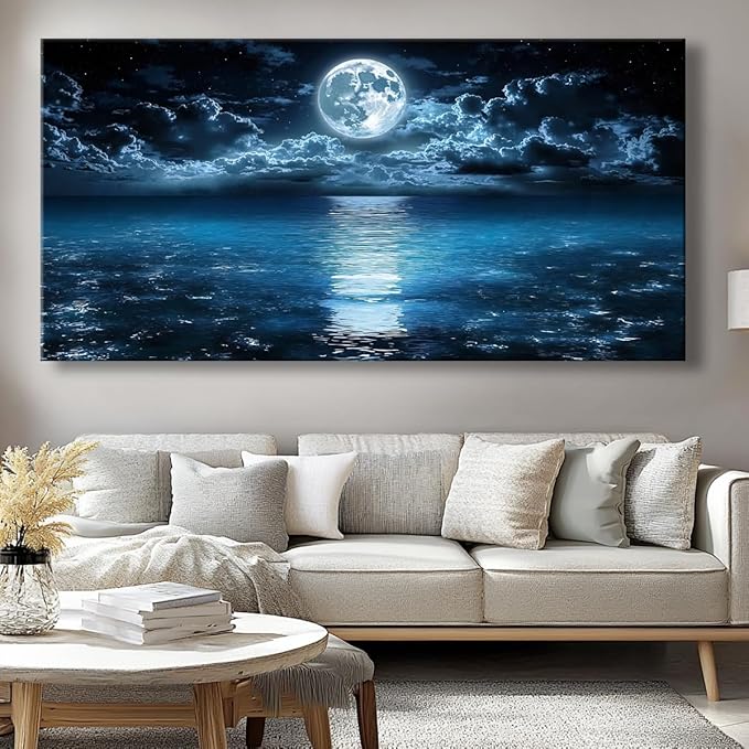 Big Moon Canvas Wall Art - Modern Seascape Paintings for Living Room, Bedroom Wall Decor, Framed Wall Art for Home or Office Decoration, Large Wall Art 20"x40"(50CMx100CM)