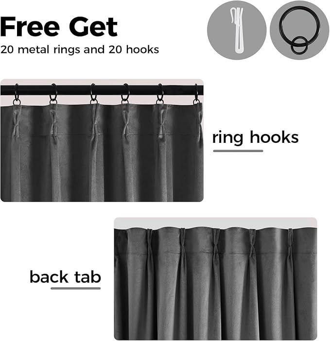 Pinch Pleated 100% Blackout Curtains for Bedroom, Grey Velvet Curtains for Living Room, Black Out Curtain 102 inch Long Room Darkening, Blackout Pinch Pleat Drapes with Hooks 2 Panels