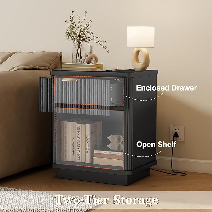 LYNCOHOME Fluted Nightstand Set of 2 with Charging Station, Bedside Table for Bedroom with 1 Drawer Storage, Side Table for Bedroom（Black）