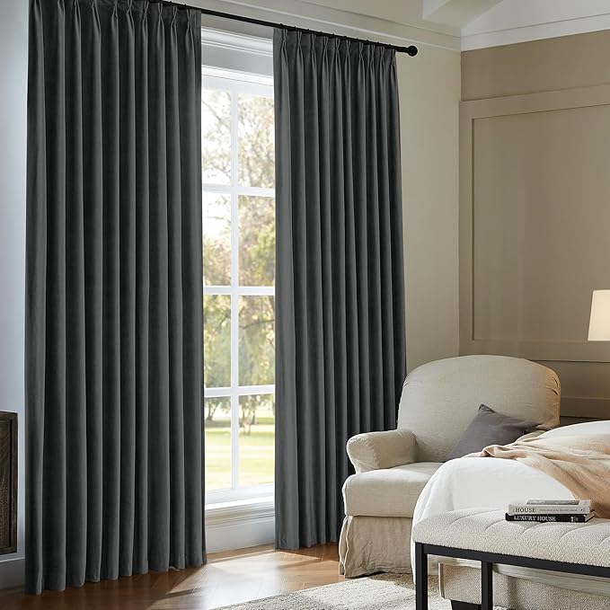 Pinch Pleated 100% Blackout Curtains for Bedroom, Grey Velvet Curtains for Living Room, Black Out Curtain 96 inch Long Room Darkening, Blackout Pinch Pleat Drapes with Hooks 2 Panels