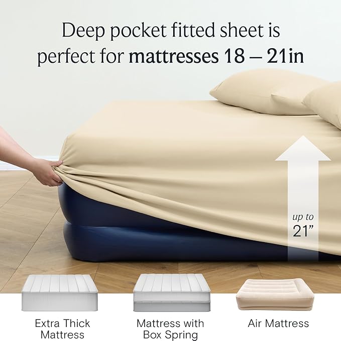 LuxClub 4 PC Full Sheet Set, Deep Pockets Wrinkle Free Cooling Bed Sheets Hotel Bedding for Women, Men, Kids & Teens, Includes 1 Fitted Sheet, 1 Flat Sheet and 2 Pillowcases-Cream