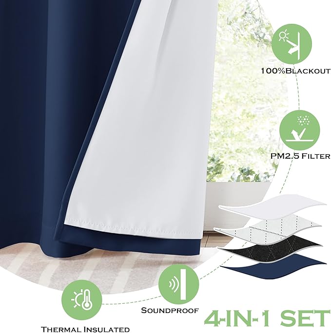 KGORGE 4-in-1 Soundproof Anti Dust 100% Blackout Curtains with Melt-Blown Layer Noise Reducing Thermal Insulating Window Drapes for Bedroom Nursery, W 52 x L 84, Navy Blue, 2 Panels