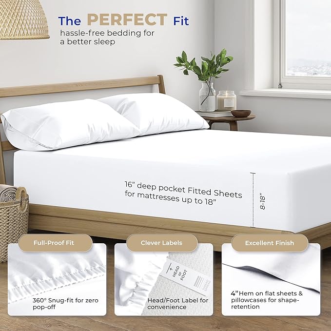 THREAD SPREAD 2-Pack Queen Size Sheets Set - 400 Thread Count 100% Cotton Sateen Weave - Extra Soft, Breathable, Hotel Quality Cooling Sheets, 2 Sets of Queen Size Deep Pocket Bed Sheets (White)