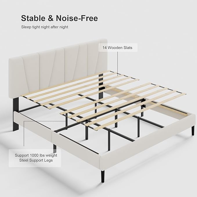King Size Bed Frame with Fabric Upholstered Headboard, Platform Bed with Wooden Slats Support, Fully Mattress Foundation, Box Spring Optional, Easy Assembly