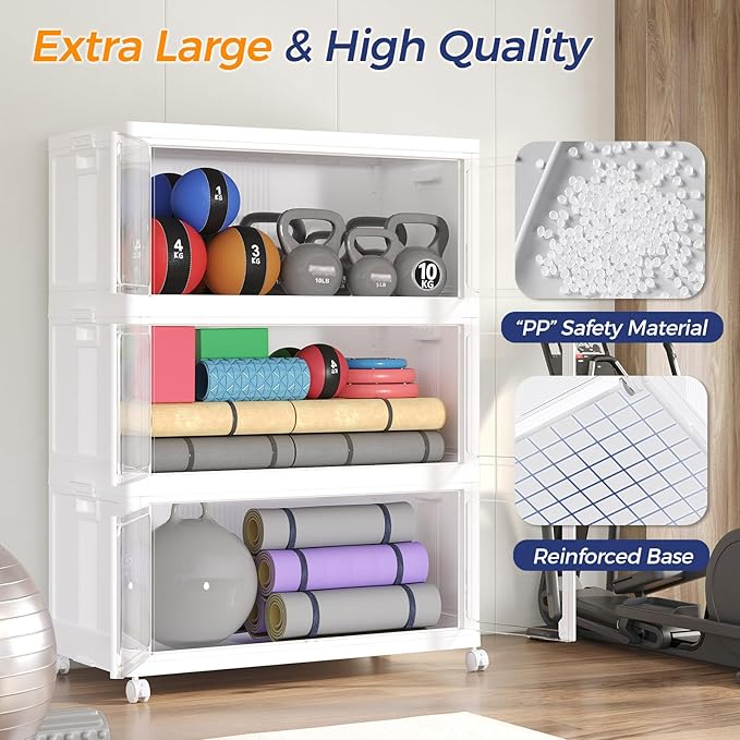 120GAL Large Stackable Storage Bins with Lid and Wheels, 480Qt Collapsible Organizer Cabinet with Clear Door, for Closet, Bedroom, Kitchen, Garage, 4-Pack White