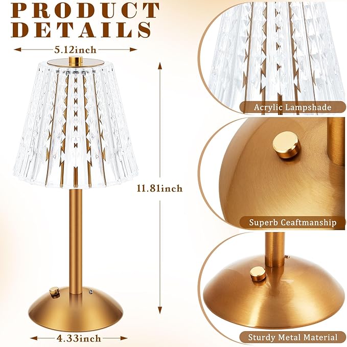 Liliful 8 Pcs Cordless Table Lamp Rechargeable Touch LED Small Gold Portable Battery Operated USB-c Desk Lamp 3 Color Dimmable for Bedroom Living Room Dining (Gold,Classic Style)