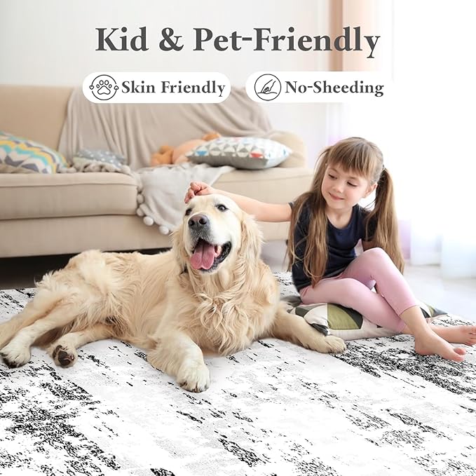 Area Rugs 8x10, Modern Abstract Machine Washable Rugs for Living Room Thin Carpet Indoor Floor Non-Shedding Carpets for Bedroom Dining Room Farmhouse Home Office | Black White