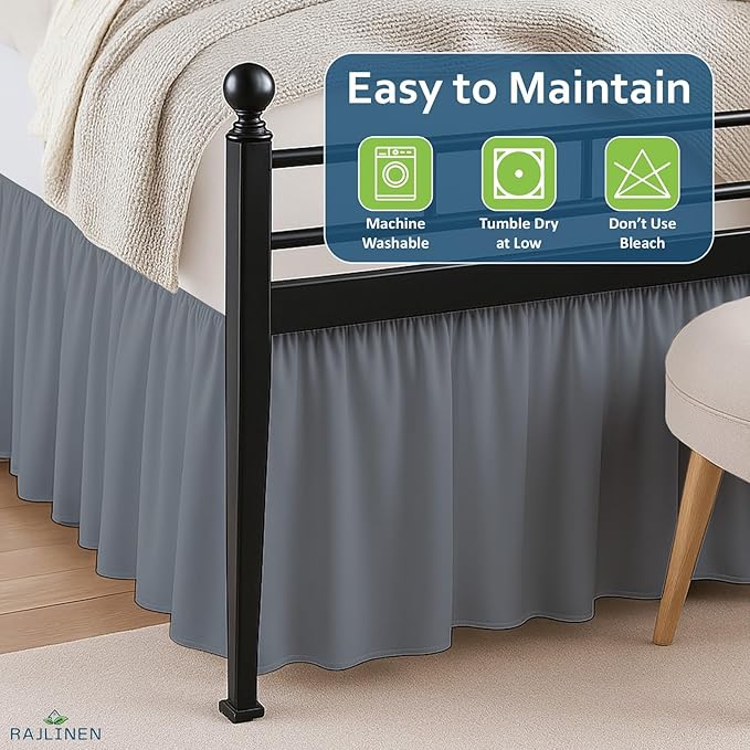 Rajlinen Ruffled Bed Skirt Twin, 10 Inch Drop Dust Ruffle with Split Corners, 100% Microfiber Bedskirt with Platform, Three-Sided Coverage Ruffled Gathering Design, Dark Grey