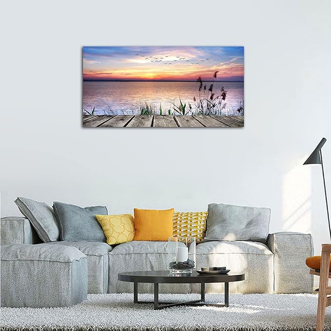 Canvas Wall Art Lake Dock Sunset Scenery Flying Birds Picture Large Beach Sunset Landscape Canvas Artwork Contemporary Nature Pictures for Living Room Bedroom Home Office Kitchen Wall Decor 24" x 48"