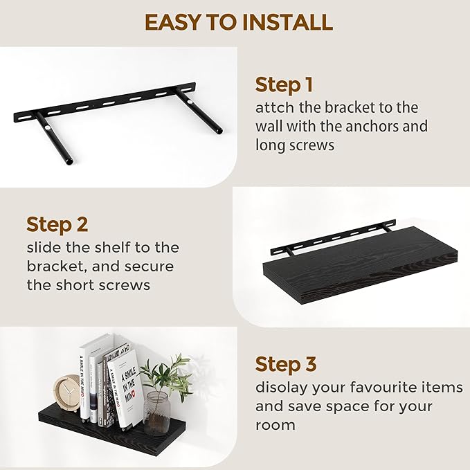 Fun Memories 55 Inch Floating Shelves for Wall, 55x9.3 Large Floating Shelf for Bedroom, Kitchen, Bathroom, Wall Mounted Rustic Wood Shelves with Invisible Bracket for Books, Decor, Black