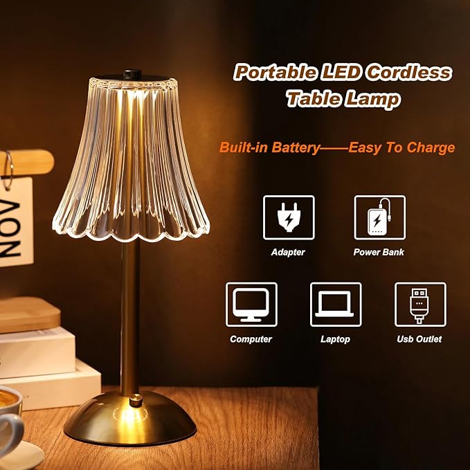 Liliful 6 Pcs Cordless Table Lamp Rechargeable Touch LED Small Gold Portable Battery Operated USB-c Desk Lamp 3 Color Dimmable for Bedroom Living Room Dining (Gold,Rose Style)