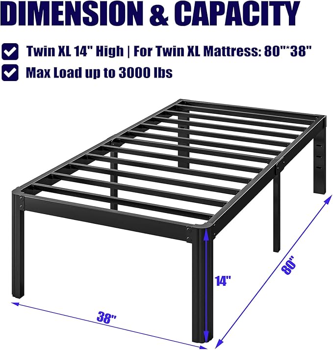 Hunlostten 14in Twin XL Heavy Duty Bed Frame No Box Spring Needed, Tall Metal Twin XL Platform Bed Frame with Round Corners, Easy Assembly, Noise Free, Black