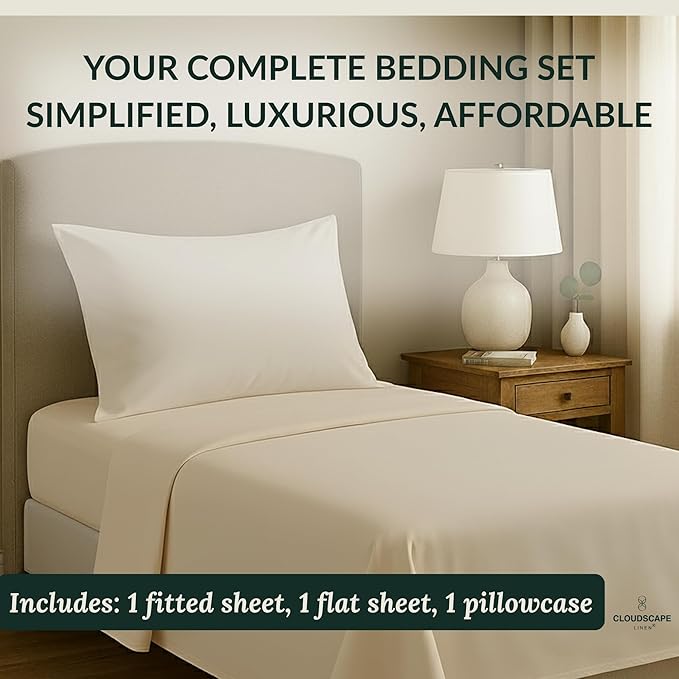 Cloud Scape Linen 100% Egyptian Cotton Sheets Twin Size, 3 Pieces Luxury Bedding Set, 400 Thread Count,Hotel Quality, Silky Soft, Breathable and Durable, Deep Pockets up to 15, Ivory