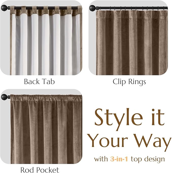 Lazzzy Dark Brown Velvet Curtains 108 Inches Long Blackout Thermal Insulated Blackout Lined Curtain Drapes Back Tab Window Treatments for Bedroom Living Room 2 Panels,52 x 108 Inch, Truffle