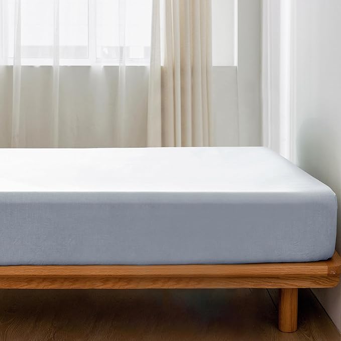 MooMee Fitted Bottom Sheet Only 100% Washed Cotton Linen Like Textured Breathable Durable Soft Comfy Deep Pocket Fits Mattress up to 17" (Cornflower Blue, Twin)