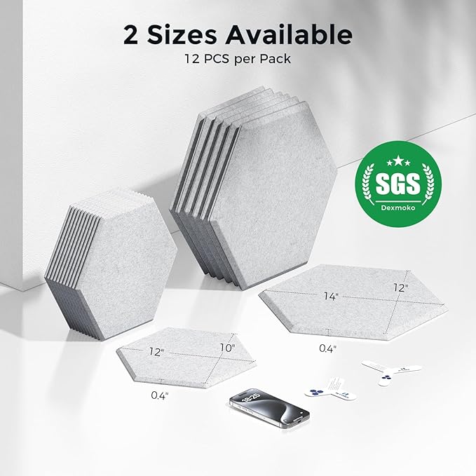Self-Adhesive Acoustic Panels [390 lbs/yd³ Ultra-High Density], 2nd Generation Sound Absorbing Panel, Professional Level Sound Panel, Polyester Soundproof Foam [Size L, Silver Grey]