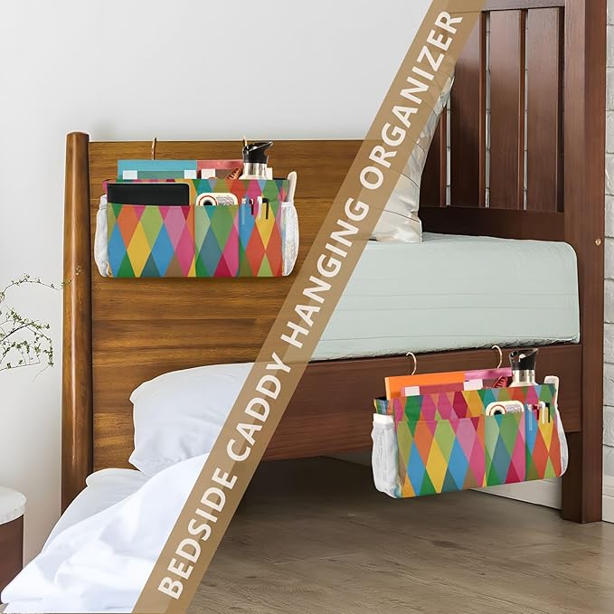 Bedside Caddy Hanging Bunk Bed Caddy Bed Organizer Hanging Pocket with 2 Hooks Bedside Storage Organizer Pocket Bag Holder Pink Green Argyle