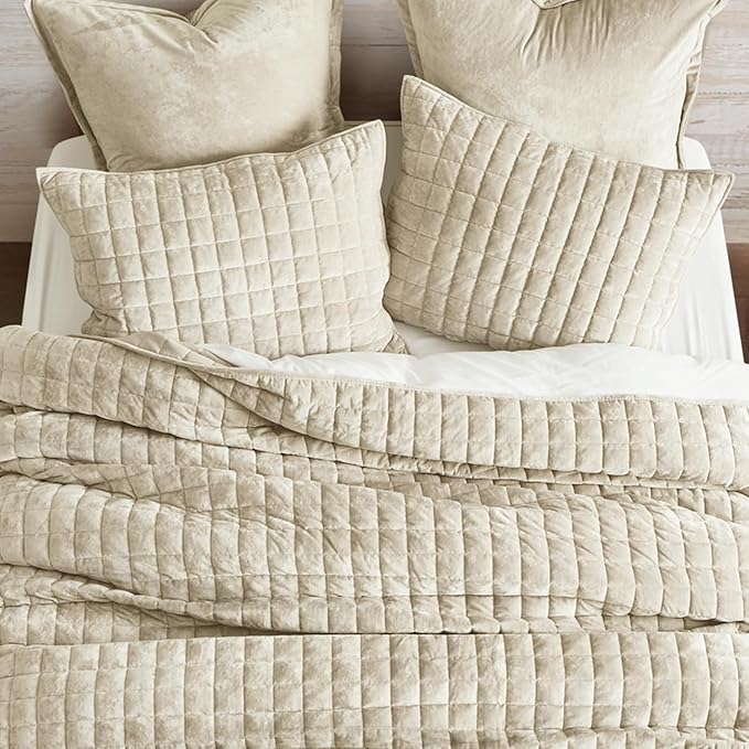 RECYCO Luxury Velvet Quilt Set, California King 118'' x 106'' Oversized Bedspread, Ultra Soft Velvet Comforter, Lightweight Box Stitch Bedding Sets for All Season, with 2 Shams, Beige