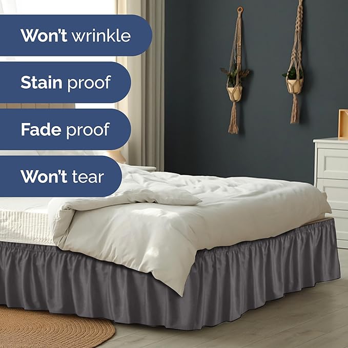 Wrap Around Dust Ruffle Bed Skirt - Dark Grey - for Full Size Beds with 15 Inch Drop - Elastic Strap - Adjustable Pleated Bedskirt with Brushed Fabric and Wrinkle Free - for Women, Men, Kids & Teens