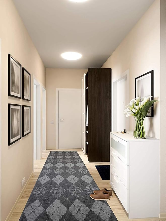 Custom Length Hallway Runner Rug,Slip Resistant,Squares Anthracite, 26 Inch X 30 feet, Sold and Priced Per Foot
