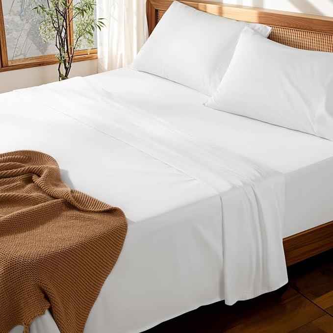 LBRO2M 100% Cotton Sheets Set Deep Pocket 19", 1000 Thread Count King Size 4 Piece Bed Sheet Sets Soft Comfortable Bedding All Season (King, White)