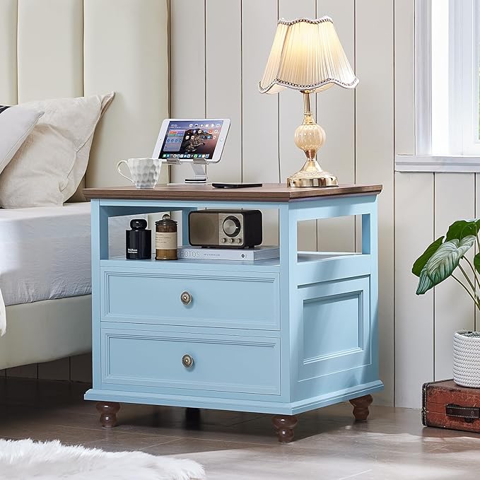 24" Wide Farmhouse Nightstand with Charging Station Set of 2, 45" Tall Rustic Chests of 5 Drawers w/ 4 Solid Wood Feet, Farmhouse Furniture Series for Living Room,Bedroom,LightBlue