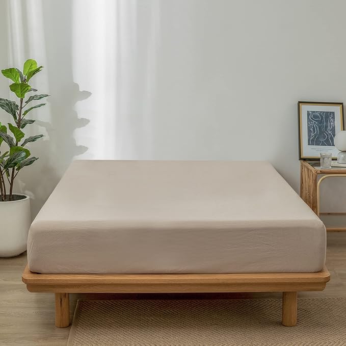 MooMee Fitted Bottom Sheet Only 100% Washed Cotton Linen Like Textured Breathable Durable Soft Comfy Deep Pocket Fits Mattress up to 17" (Taupe, Twin)
