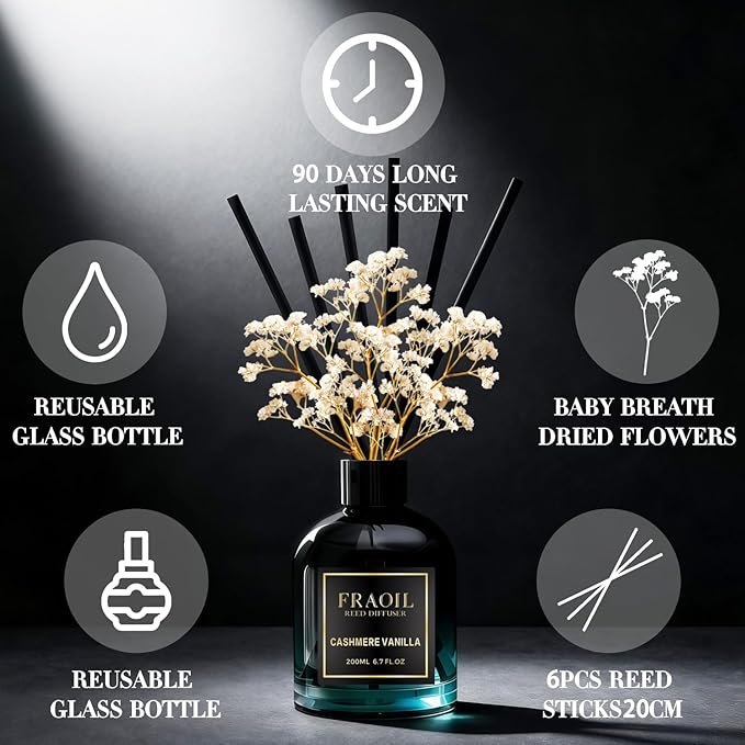 Cashmere Vanilla Reed Diffuser, Reed Diffuser Set 6.7 fl oz (200 ml) with 6 Reed Sticks, Home Fragrance Reed Diffuser for Bathroom Shelf House Bedroom Office Decor