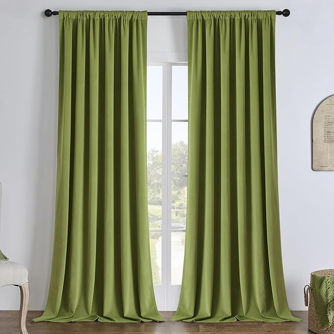 Joydeco Moss Green 100% Blackout Curtains 90 Inch 2 Panels, Luxury Thermal Green Velvet Curtains for Bedroom Living Room, Soundproof Blackout Window Drapes, Rod Pocket & Back Tab (52W x 90L)