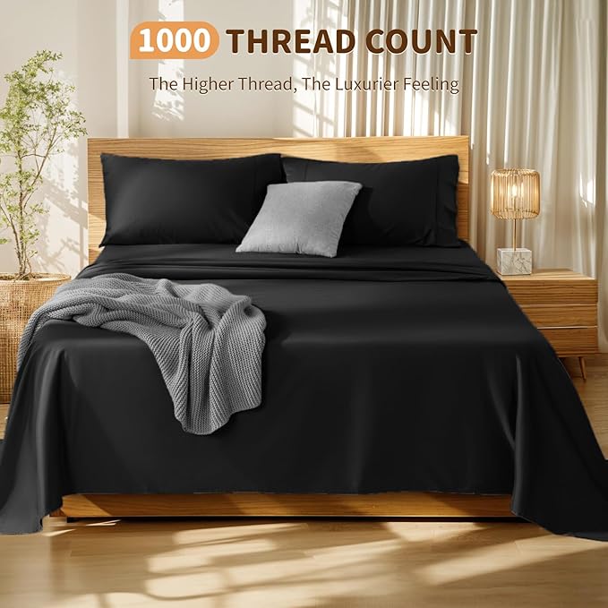 LBRO2M 100% Cotton Sheets Set Deep Pocket 19", 1000 Thread Count California Size 4 Piece Bed Sheet Sets Soft Comfortable Bedding All Season (King, Black)
